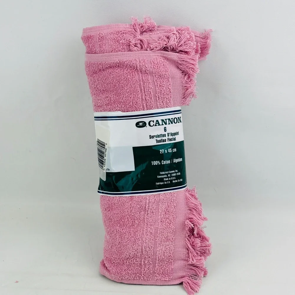 Vintage Cannon Fingertip Towel‎ 6 Piece Set Pink Cotton Fringe 11 x 18 Old Stock